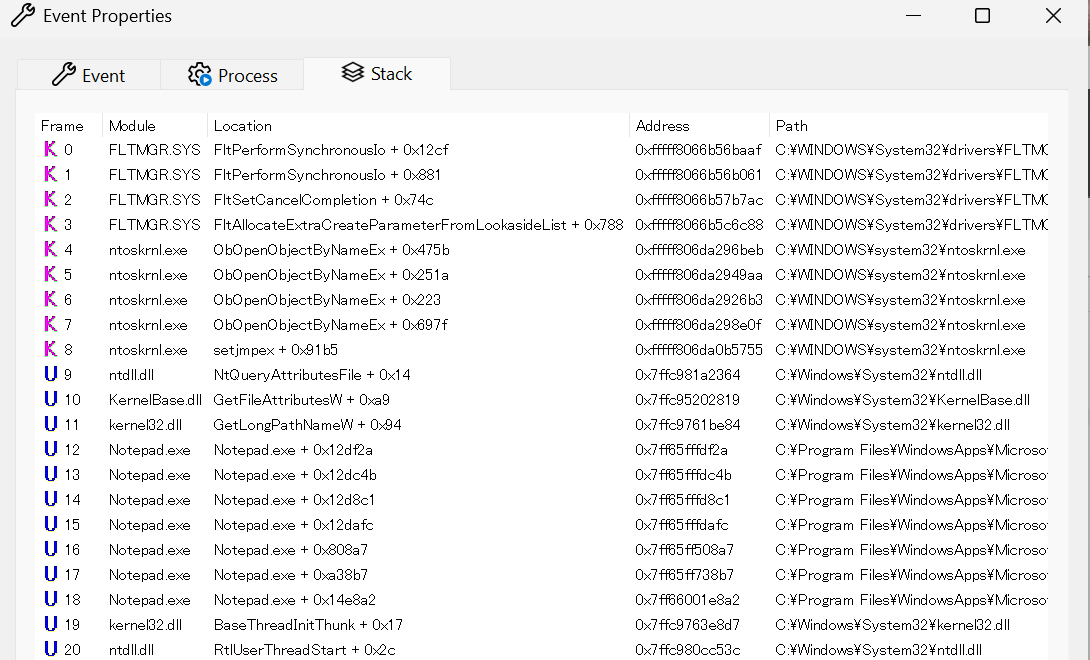 既定の Altitude で情報採取を行った場合のコールスタックの画面