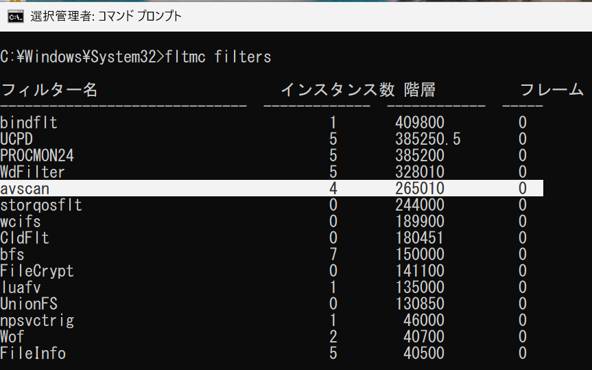 既定の Altitude で情報採取を行った場合の fltmc filters コマンドの結果