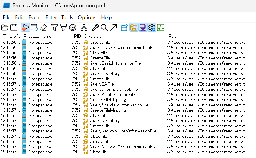 既定の Altitude で情報採取を行った場合の Process Monitor の画面