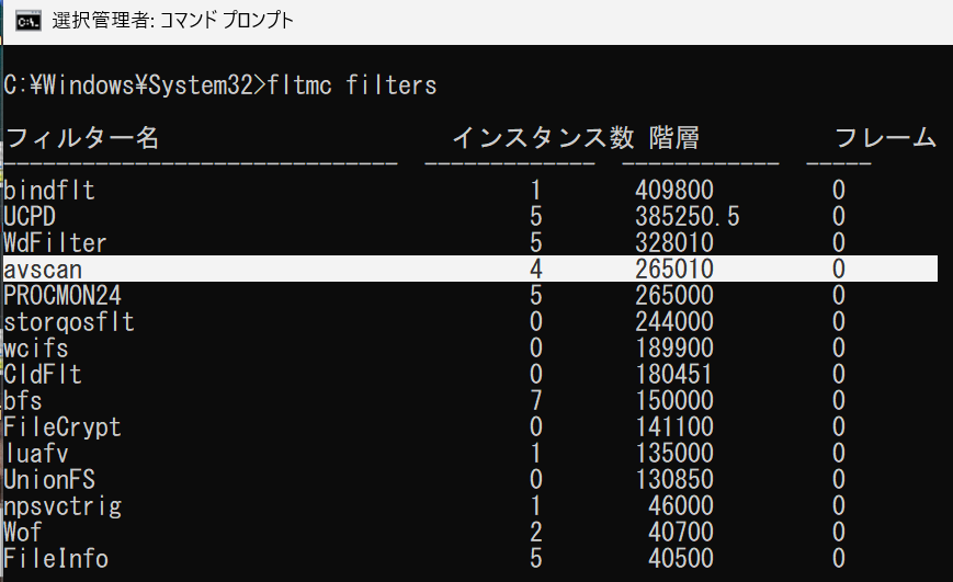 Altitude 265000 で情報採取を行った場合の fltmc filters コマンドの結果