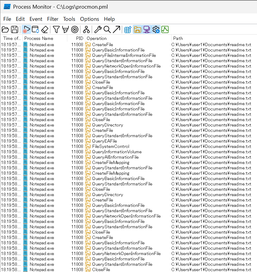 Altitude 265000 で情報採取を行った場合の Process Monitor の画面