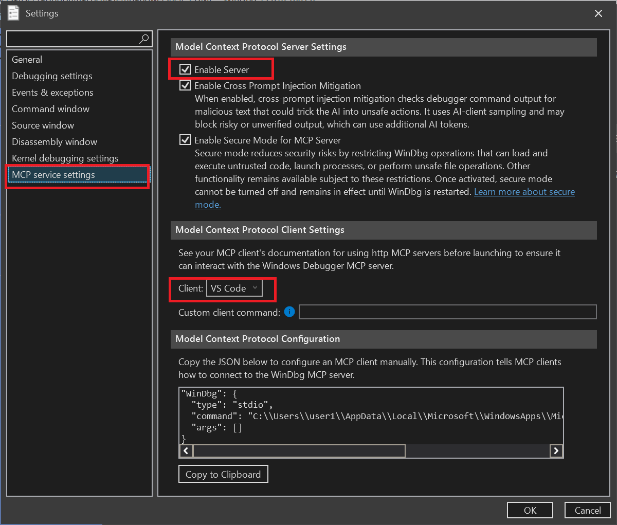 MCP service settings の構成
