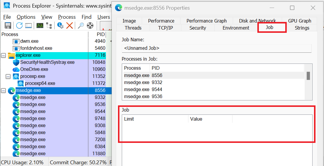Job タブが表示され、いずれの Limit flag も含まれていない場合