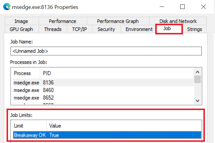 Job タブが表示され、いずれかの Limit flag が含まれている場合